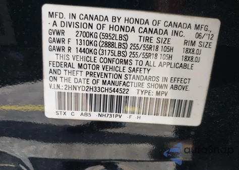 2012 Acura Mdx Technology Package z USA, uszkodzony, nr VIN 2HNYD2H33CH544522